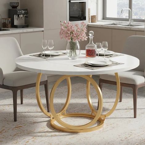 Runder weißer Tisch für 4 Personen, großer Küchentisch (119 cm) mit goldfarbenem Metallgestell, moderner Couchtisch für Küche, Esszimmer und Café (weiß)