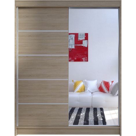 Armario Closico 143, Roble Sonoma, 200x150x58cm, Puertas de armario: Correderas, Número de estantes: 5