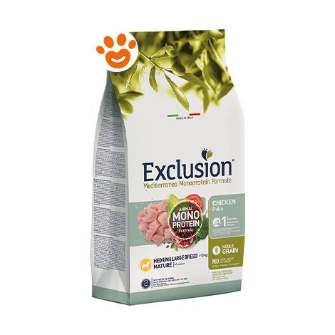 Exclusion Dog Mediterraneo Monoproteico Noble Grain Mature Medium Large Breed Pollo  - Exclusion Dog Mediterraneo Monoproteico Noble Grain Mature Medium Large Breed Pollo - Sacco Da 12 Kg