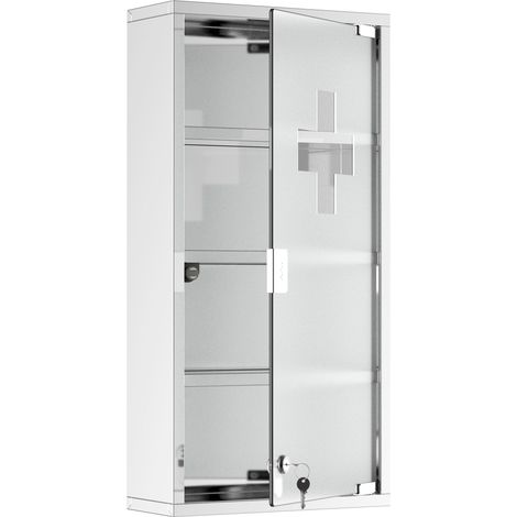 Armoire à Pharmacie 3 étagères 4 Niveaux 30L x 12l x 60H cm Porte Verre trempé Symbole Croix Acier Inoxydable brossé (1/5)