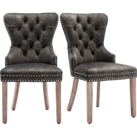 Chaise salle à manger lot de 2 en velours gris, pieds bois massif, style campagne, garniture cloutée (1/5)