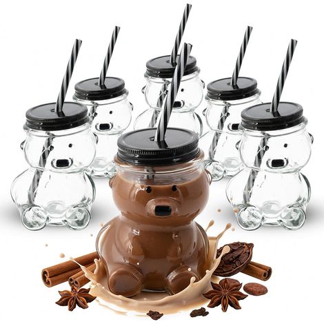 Novaliv 6x tasses à vin chaud 300 ml Tasse de Noël personnalisée avec paille - ours comme tasse à vin chaud - tasse à motif ours sapin de Noël tasses