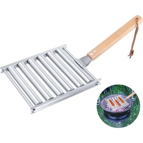 1 Rouleau à saucisses,Acier inoxydable,Grille à hot-dogs,Manche en bois,Barbecue extérieur (1/5)