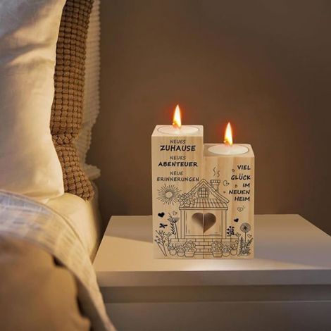 Bougeoir Bois - Cadeau Pendaison De Crémaillère - Décoration Intérieure Maison Neuve - 12 x 9 x 4 5 cm - Lot De 2 Avec Bougies Chauffe-Plat (1/5)