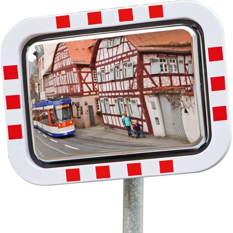 Moravia Verkehrsspiegel aus Edelstahl 450 x 600 mm Rahmen rot/weiß + Schelle (1/4)