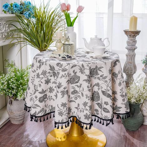 Nappe en coton et lin bohème, tissu noir floral beige bohème avec pompons et dentelle, anti-poussière pour cuisine, maison, fêtes de vacances (Fleur noire, Ronde 60"). Visitez la boutique SUTAVIA. 4,4 (1/4)