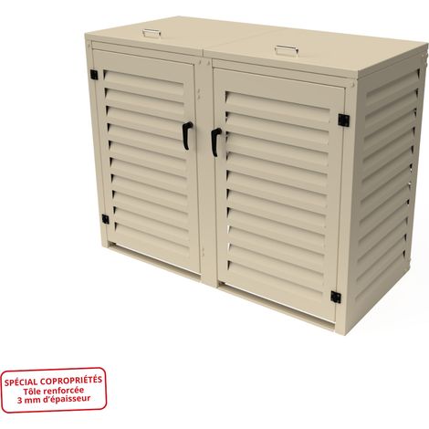 Cache Poubelle Double en Aluminium thermolaqué Spécial Copropriété (3mm) - 2x360 Litres - Crème (1/5)