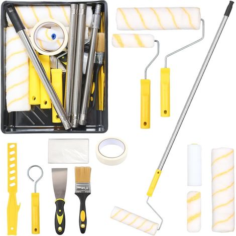 Ensemble complet de rouleaux de peinture 20 pièces 22,9cm + 10,2cm avec plateaux, perche d'extension 1,5m, pinceau et cadre pour travaux de peinture murale.