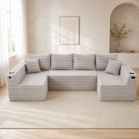 Modulares U-Sofa aus hellgrauem Cord, mit Becherhaltern, 320 x 155 x 88 cm OKMYHOME (1/5)