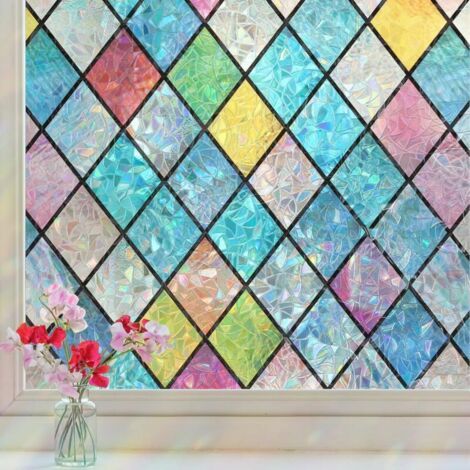 Film pour vitrail, film de confidentialité arc-en-ciel, autocollants décoratifs bloquant le soleil, autocollants statiques colorés en treillis pour porte de maison 44,5 x 200 cm (1/5)