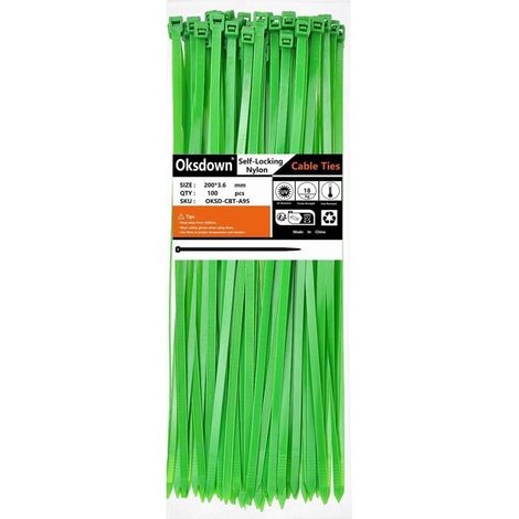 Colliers de serrage 200mm x 3.6mm verts, lot de 100, résistants aux UV (1/5)