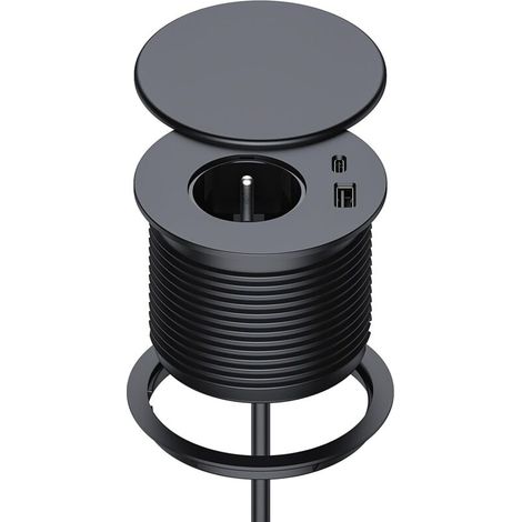 Einbau-Steckdosenleiste mit 1 Steckdose, 1 USB-C-Anschluss, 1 USB-A-Anschluss, 80 mm Durchmesser, 1,5 m Kabel, Tischsteckdose für Küche, Büro, Möbel, Schwarz (1/5)