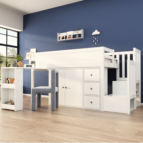 Letto rialzato bambini 90x200 cm con scrivania scorrevole, armadio, cassetto e scala, bianco, senza materasso (1/5)