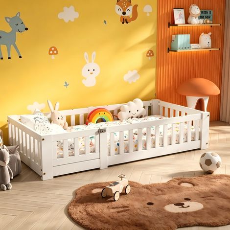 Lit Montessori, Lit au Sol Enfant 90x190, Lit simple avec Barrière de Sécurité et Sommier à Lattes, blanc, pour Garçons et Filles, Enfants et Bébés, sans matelas