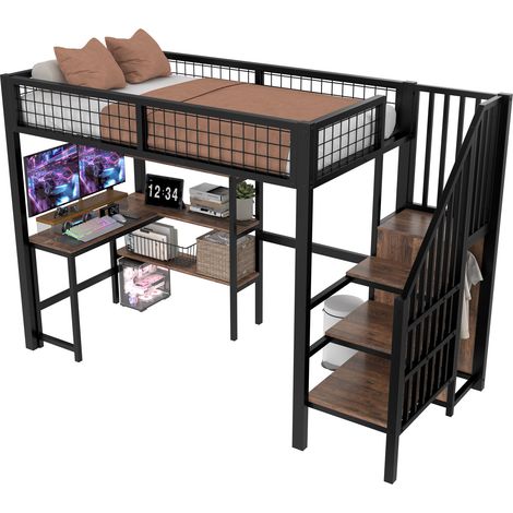 Lit mezzanine 90x200 cm avec bureau, étagères et armoire, structure métal et MDF noir et brun, gain de place pour chambre ado, CHICFURN (1/5)