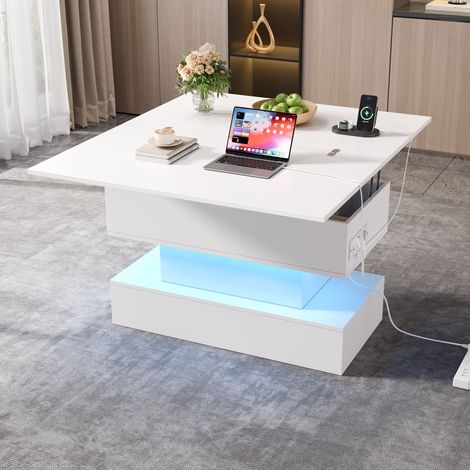 Table basse relevable 100 x 50 x 51,5 cm - Avec ports USB et Type-C - Avec éclairage LED - Blanc
