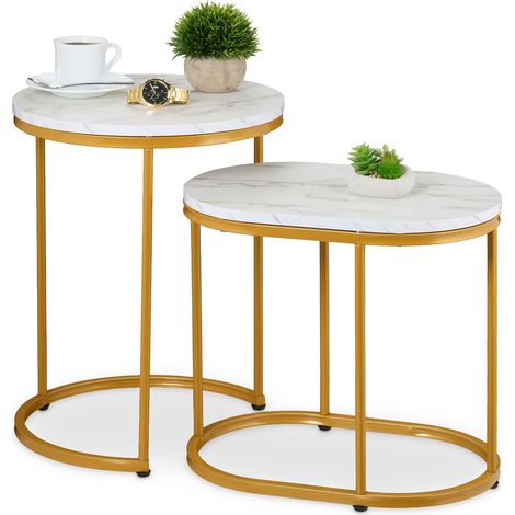 Relaxdays Tavolini da Salotto, 2 Tavoli Bassi Caffè da Divano Soggiorno, Tondo e Ovale Stile Marmo, Metallo, Bianco Oro