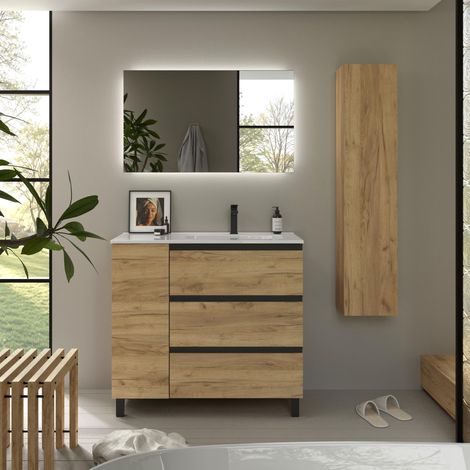 Cygnus Bath – Meuble de salle de bain 90cm – Ensemble 3 tiroirs avec vasque en porcelaine – MDF résistant à l’humidité – Finition chêne