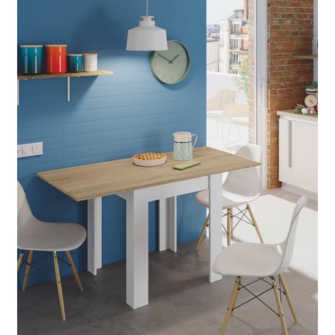 Tavolo da pranzo pieghevole con piano con apertura a libro, Tavolo ausiliario richiudibile, cm 67x67/135h79, colore Bianco e Rovere (1/5)