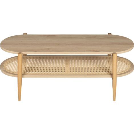 Drawer – Table basse ovale en bois clair et cannage – 120 x 50 x 40 cm – Piètement en chêne massif – 2 plateaux pour rangement et décoration (1/5)