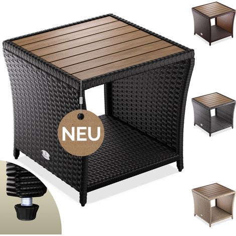 CASARIA® Table d'appoint en polyrotin 45x45x40cm avec plateau en bois d'acacia Petite table basse de jardin balcon extérieur Noir (1/5)