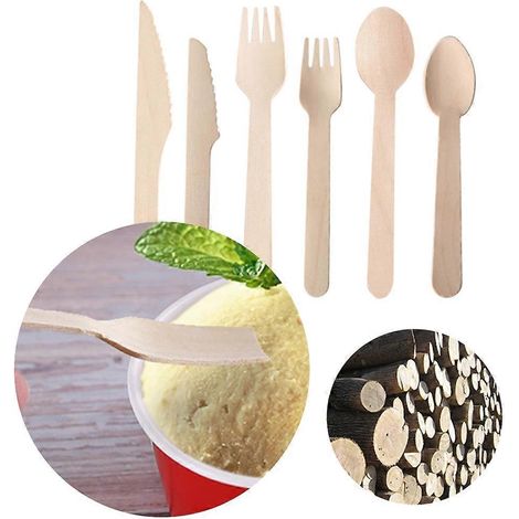 Ensemble de 100 couverts jetables en bois pour barbecues et camping - Fourchette et cuillère de 16 cm (1/4)