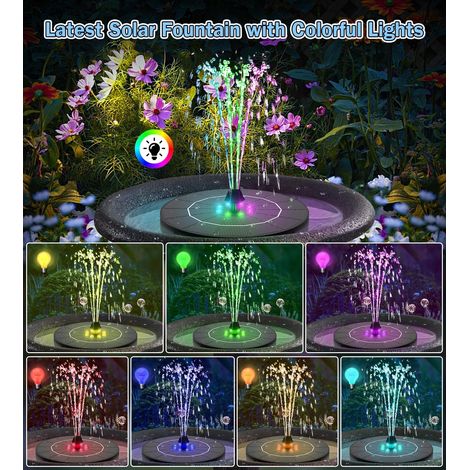 Fontaine Solaire Exterieure de Jardin 2026 Nouveau, 3.5W avec LEDs Colorées et 2200mAh Batterie, Pompe Solaire Bassin Exterieur avec 8 Buses pour Bain d'oiseaux, Décoration de Jardin, Piscine