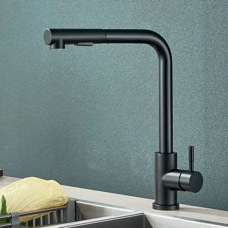 (Noir) Robinet d'évier de cuisine extractible avec jet d'eau flexible à deux modes et buses de pulvérisation. (1/5)