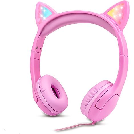 Écouteurs intra-auriculaires stéréo pliables avec LED et motif chat mignon, pour enfants, avec câble jack 3,5 mm et motif chat rose.