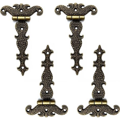 Ein Satz von 4 Vintage-Scharnieren in T-Form mit Befestigungsschrauben, 11,2 x 6,9 cm, englische Vintage-Schranktürscharniere aus Bronze, geeignet für Holzmöbel und Truhen. (1/5)