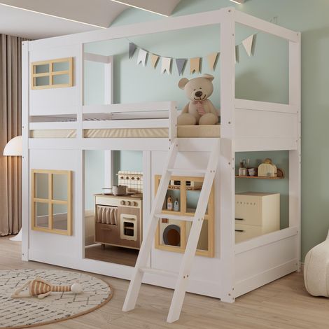 Lit superposé pour enfant, avec de jolies fenêtres, une échelle robuste, une barrière de sécurité sur les quatre côtés, en pin, MDF et contreplaqué, blanc et naturel, 90x200cm, garantie 2 ans