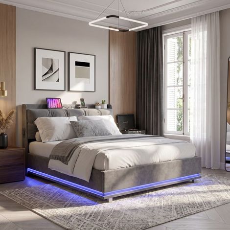Letto contenitore 140x190 cm - Velluto grigio - Rete a doghe - LED multicolore & USB/Type-C - Struttura in metallo 300 kg (1/5)