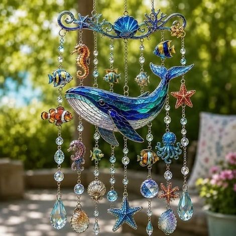 Carillon éolien animal marin, décoration de jardin scintillante, baleine (1/5)