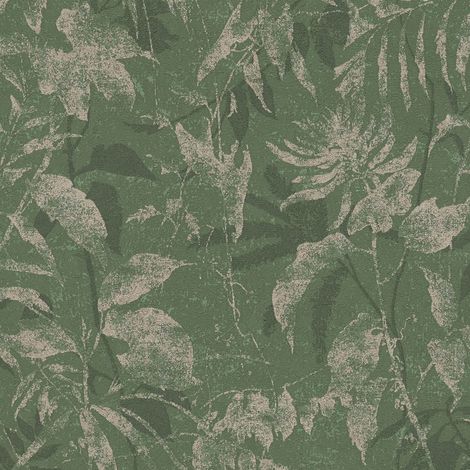 Papel pintado naturaleza Profhome 782036 papel pintado vinílico estampado en caliente tejido non tejido texturado con ornamentos florales y acentos metálicos verde beige-perlado oro verde botella 5,33