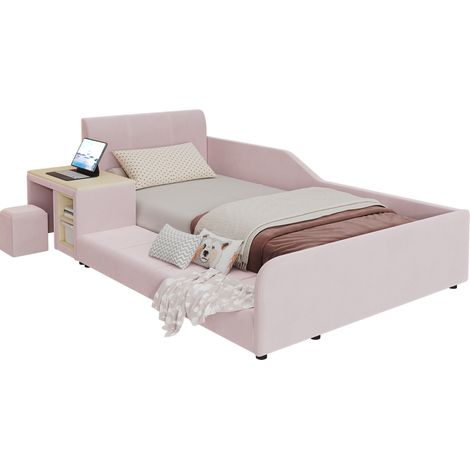 CHICFURN Cama infantil tapizada 90x200 cm en terciopelo rosa con escritorio, taburete y balda, cabecero suave y somier de lamas de madera para dormir y estudiar (1/5)