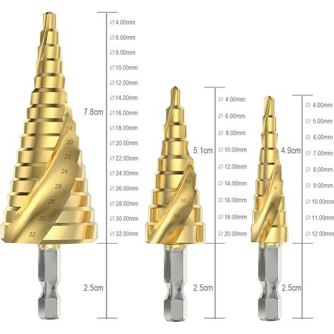 3PCS Foret Étagé Rainuré en Spirale, 4-12/20/32mm Fraise Meche Etage Metal Acier Rapide Revêtu de Titane HSS pour Percer dans Acier, Laiton, Bois