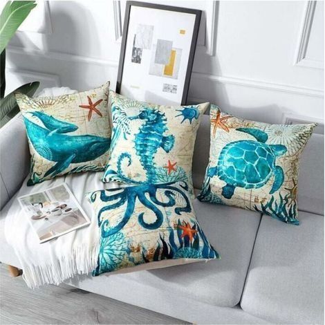 Wasserdichter Kissenbezug 45 x 45 cm – 4er-Set – Strapazierfähiges Polyester mit verdecktem Reißverschluss – Maritimes Muster für Wohnzimmer und Garten (1/4)