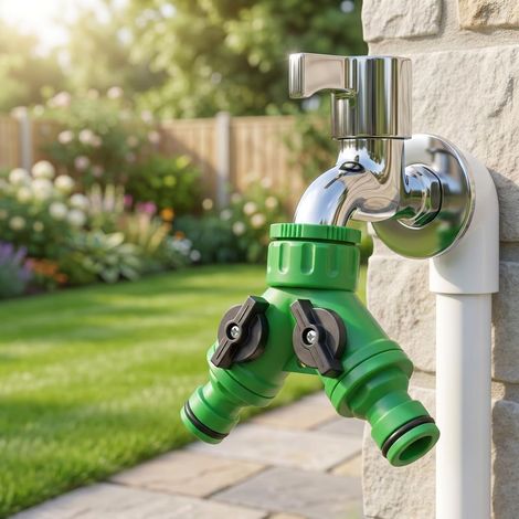 Répartiteur de tuyau 2 voies adaptateur de robinet extérieur, connecteur de robinet d'eau de jardin avec deux vannes d'arrêt, séparateur de tuyau fileté robuste pour le lavage de pelouse, cour, vert (1/5)