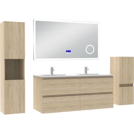 Acezanble ensemble meuble salle de bain 120 cm Chêne Wotan avec 4 tiroirs à fermeture automatique, lavabo céramique + miroirBluetooth + 2 colonnes, suspendu
