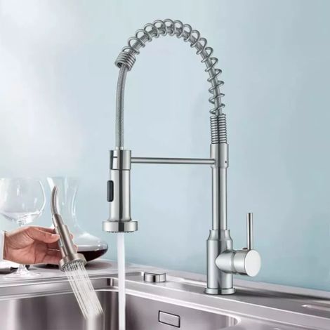 FLITI Silver Monobloc Mixer Kitchen Tap with Pull-Out Spray Head, 360° Swivel Spout, Brushed Stainless Steel, Two Spray Modes: Blade Jet and Rain, Height 40cm (1/5)