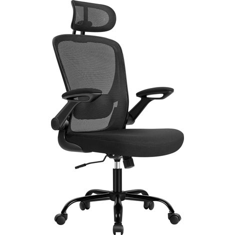 Chaise Bureau Ergonomique, Tissu en Maille, Support Lombaire, Appui-tête, Mécanisme à Bascule, Assise Large de 53 cm, Accoudoirs Rabattables, pour Bureau, Chambre, Noir d'encre OBN047B01 (1/5)