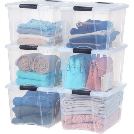 Lot de 6 bacs de rangement en plastique avec couvercle durable et boucles de verrouillage sécurisées, empilables et emboîtables, transparents avec boucle noire (1/5)