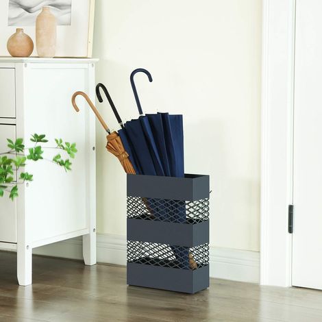 SONGMICS Porta Ombrelli in Metallo, Contenitore per Ombrelli con Vaschetta Scolapioggia, 28 x 12 x 41 cm, Rettangolare, Ritaglio a Grata, Grigio Antracite (1/5)