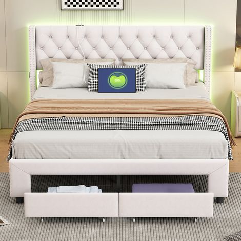 Letto matrimoniale 160x200 cm con design a rivetti morbidi - Spazio di archiviazione intelligente: cassetti + strisce LED + porte USB - Velluto - Bianco (1/5)