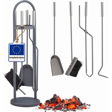 Relaxdays Kaminbesteck modern, 5 teilige Kamingarnitur, Schaufel, Besen, Zange, Schürhaken & Halter, Ofenbesteck, grau (1/5)