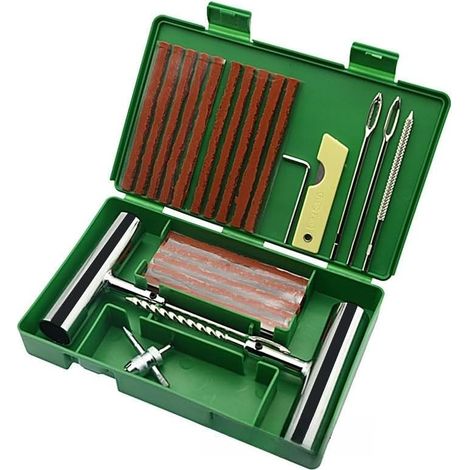 Kit de reparación de neumáticos de 33 piezas, kit de reparación de pinchazos para coche, herramientas para reparar pinchazos, apto para neumáticos de coche y moto, color verde (1/4)