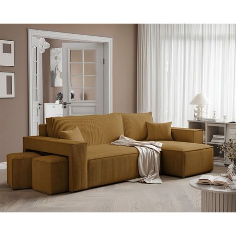 Ecksofa Schlafsofa Sofa ADARA inkl. Hocker Stoff Poso Honiggelb Ottomane Rechts