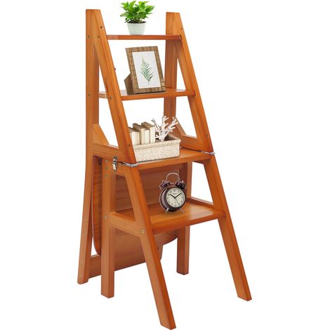 Taburete plegable con escalera Silla escalera 2 en 1 de madera maciza (pino) 4 escalones y capacidad de carga de 100 kg para cocina, sala de estar y jardín Plegable y que ahorra espacio (1/5)