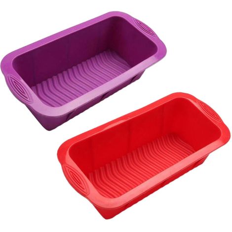 Set mit 2 rechteckigen Silikon-Toastformen für Kuchen und Brot, lila und rot. (1/3)