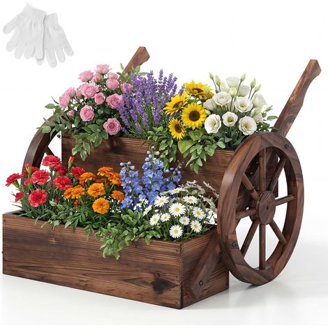 COSTWAY Fioriera Rialzata a 2 Livelli, Carretto di Legno con Fori di Drenaggio, Semi-Ruote e Guanti, per Verdure, Erbe Aromatiche, Fioriera da Interno ed Esterno per Patio, Giardino e Balcone (1/5)